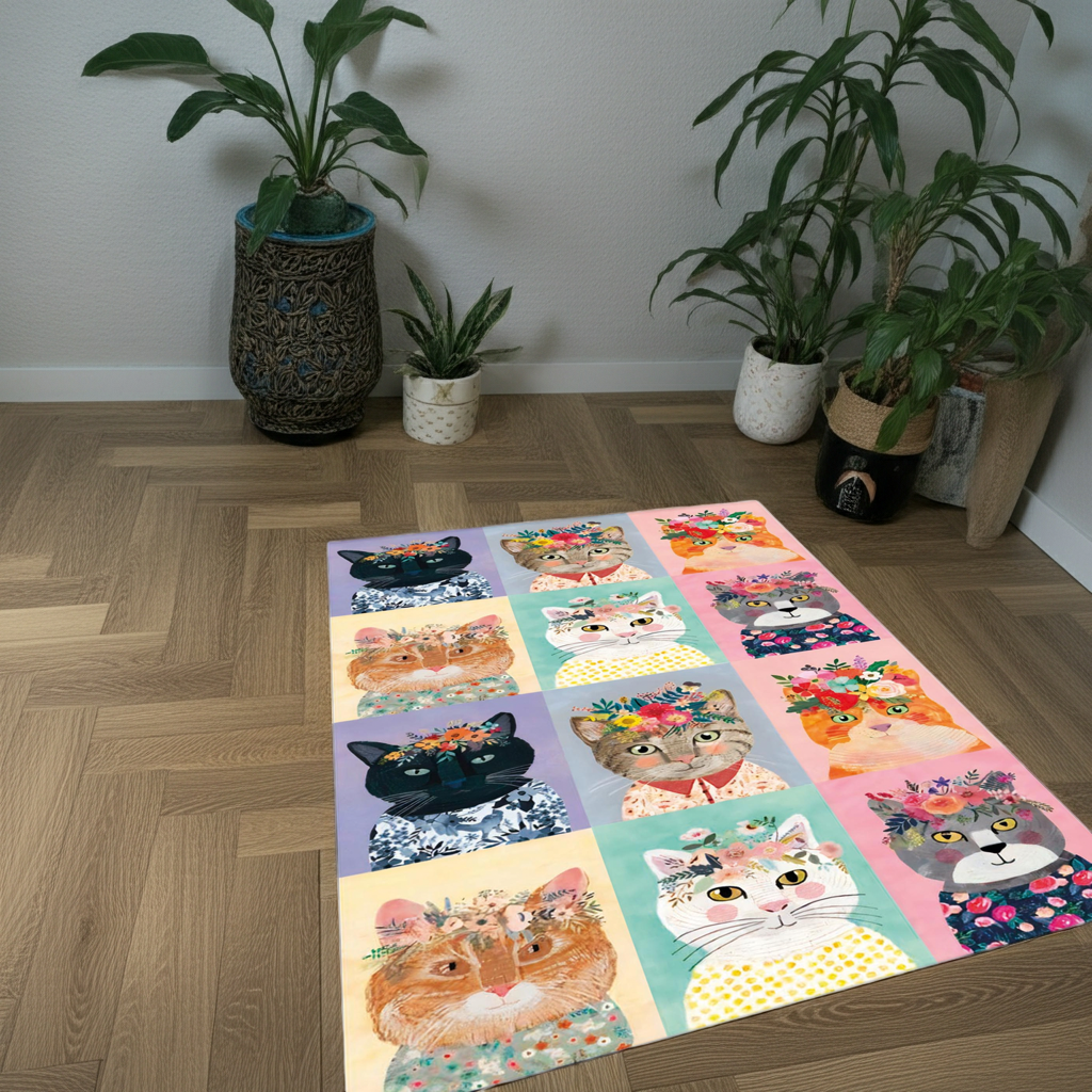 Flower Crown Cats Area Rug | Colorful Pop Art Cat Portrait Collage Mat