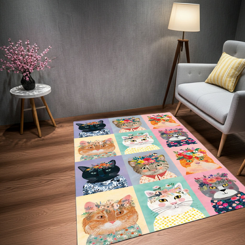 Flower Crown Cats Area Rug | Colorful Pop Art Cat Portrait Collage Mat