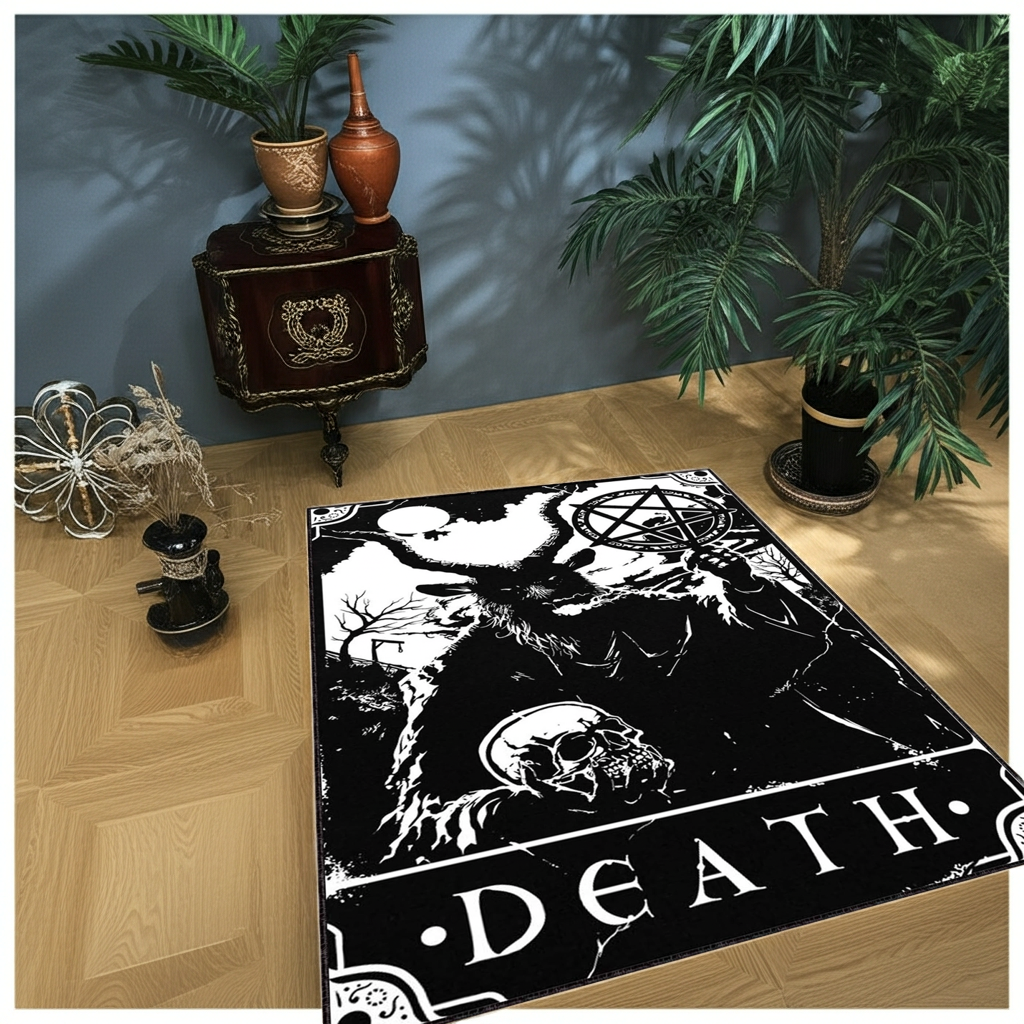 Gothic Death Tarot Card Area Rug | Black & White Occult Baphomet Art Mat
