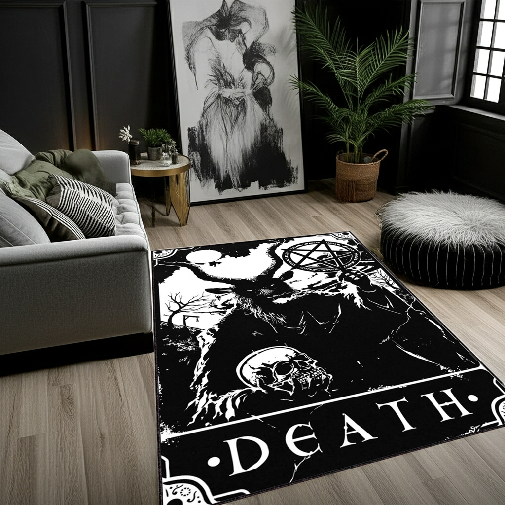 Gothic Death Tarot Card Area Rug | Black & White Occult Baphomet Art Mat