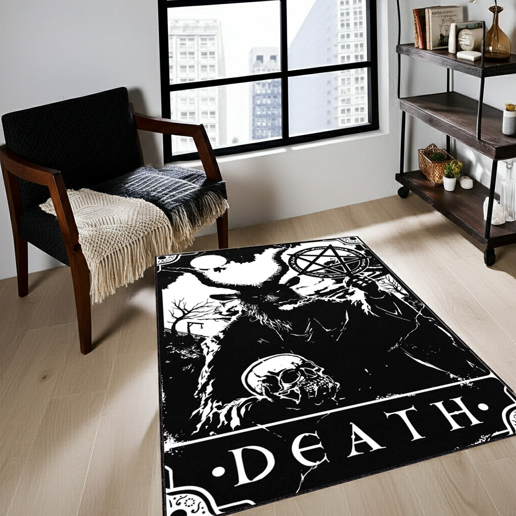 Gothic Death Tarot Card Area Rug | Black & White Occult Baphomet Art Mat