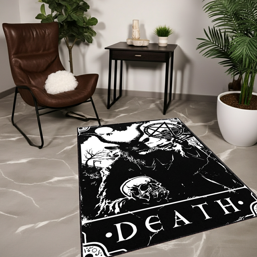 Gothic Death Tarot Card Area Rug | Black & White Occult Baphomet Art Mat