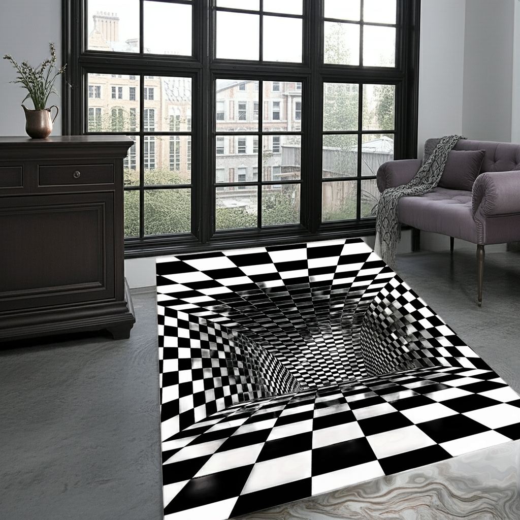 3D Illusion Rug – Black and White Checkered Tunnel Carpet, Optical Illusion Floor Mat for Living Room & Modern Home Decor