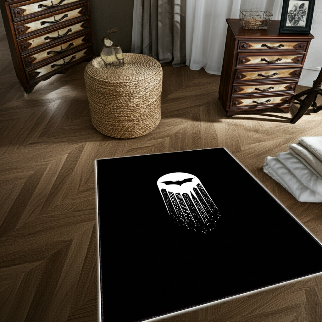 Minimalist Bat Signal & Gotham City Skyline Rug | Black Superhero Fan Mat
