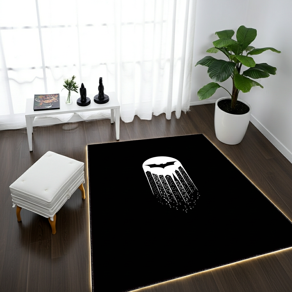 Minimalist Bat Signal & Gotham City Skyline Rug | Black Superhero Fan Mat