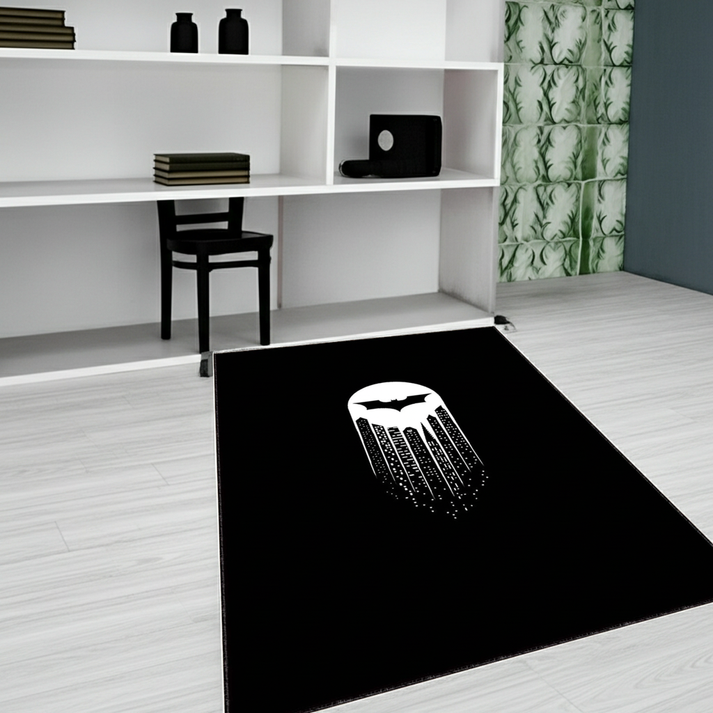 Minimalist Bat Signal & Gotham City Skyline Rug | Black Superhero Fan Mat