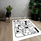 Minimalist Cat Pile Area Rug | Black & White Geometric Abstract Cat Art Mat