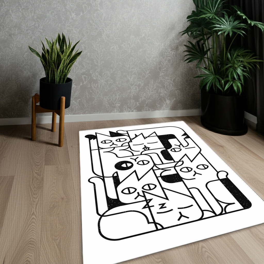 Minimalist Cat Pile Area Rug | Black & White Geometric Abstract Cat Art Mat