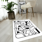 Minimalist Cat Pile Area Rug | Black & White Geometric Abstract Cat Art Mat