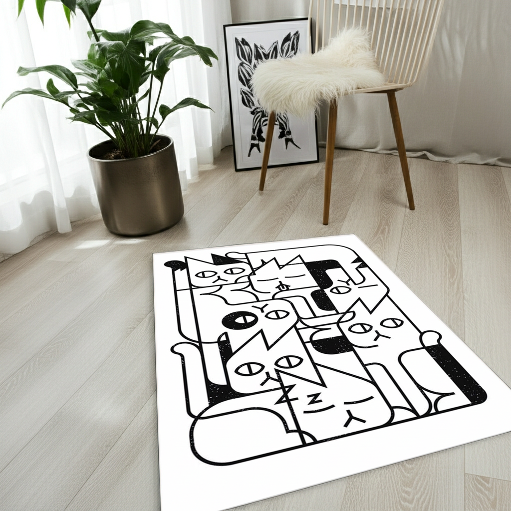 Minimalist Cat Pile Area Rug | Black & White Geometric Abstract Cat Art Mat