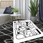 Minimalist Cat Pile Area Rug | Black & White Geometric Abstract Cat Art Mat