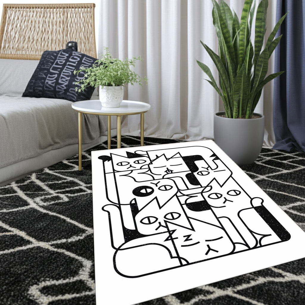 Minimalist Cat Pile Area Rug | Black & White Geometric Abstract Cat Art Mat