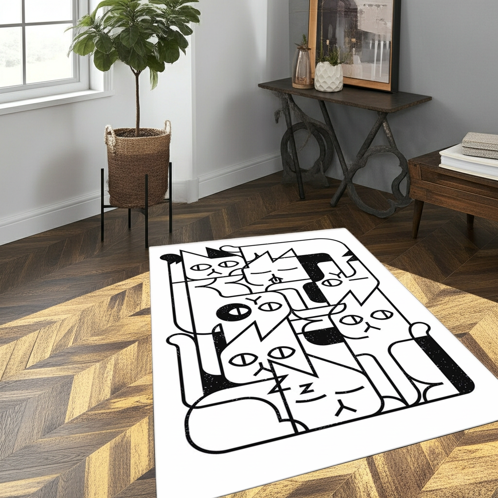 Minimalist Cat Pile Area Rug | Black & White Geometric Abstract Cat Art Mat