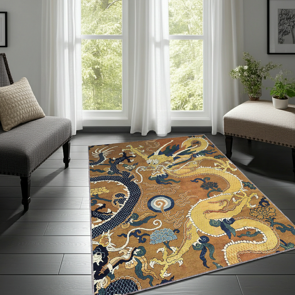 Oriental Dragon Area Rug | Traditional Chinese Mythological Art Floor Mat