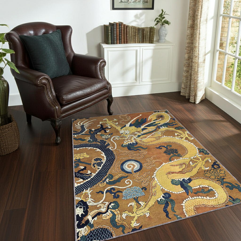 Oriental Dragon Area Rug | Traditional Chinese Mythological Art Floor Mat
