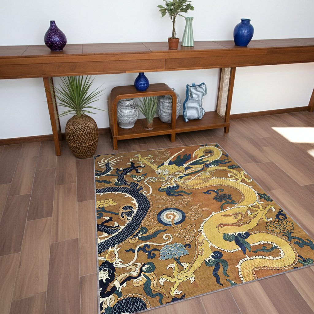 Oriental Dragon Area Rug | Traditional Chinese Mythological Art Floor Mat