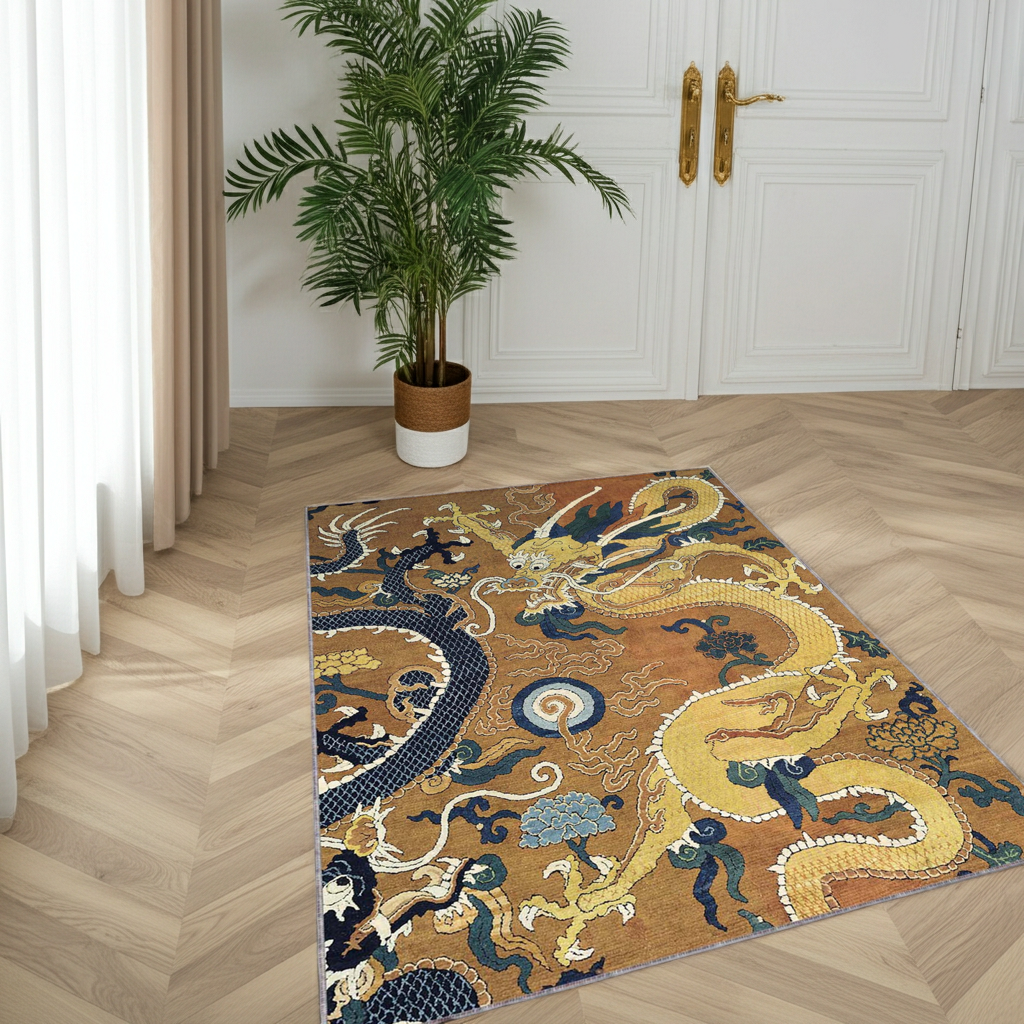 Oriental Dragon Area Rug | Traditional Chinese Mythological Art Floor Mat