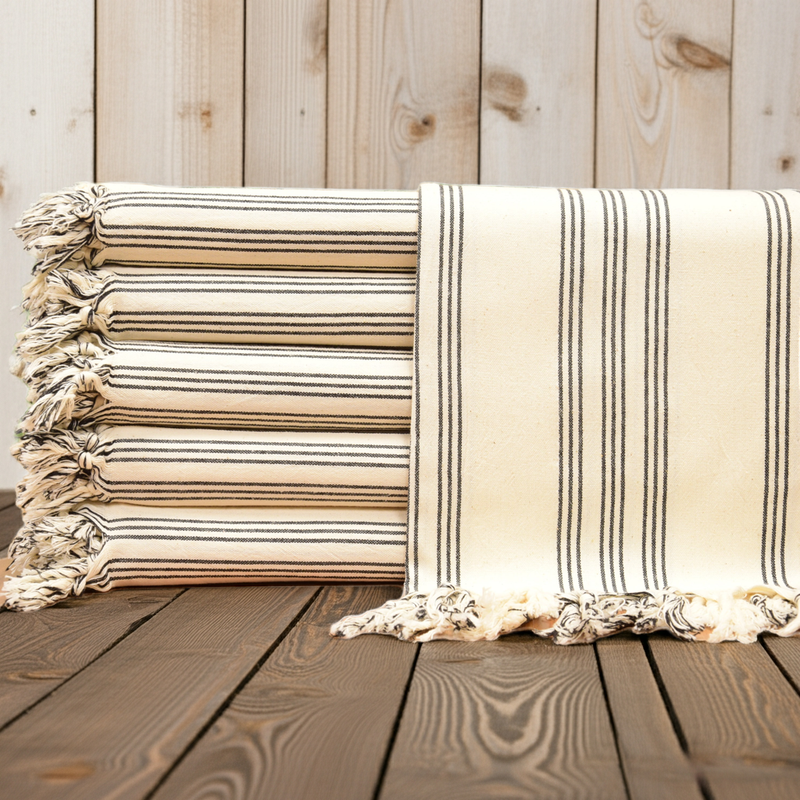 Black Striped Turkish Towel – Personalized Gift, Natural Cotton Peshtemal, Farmhouse Style Spa & Guest Towel
