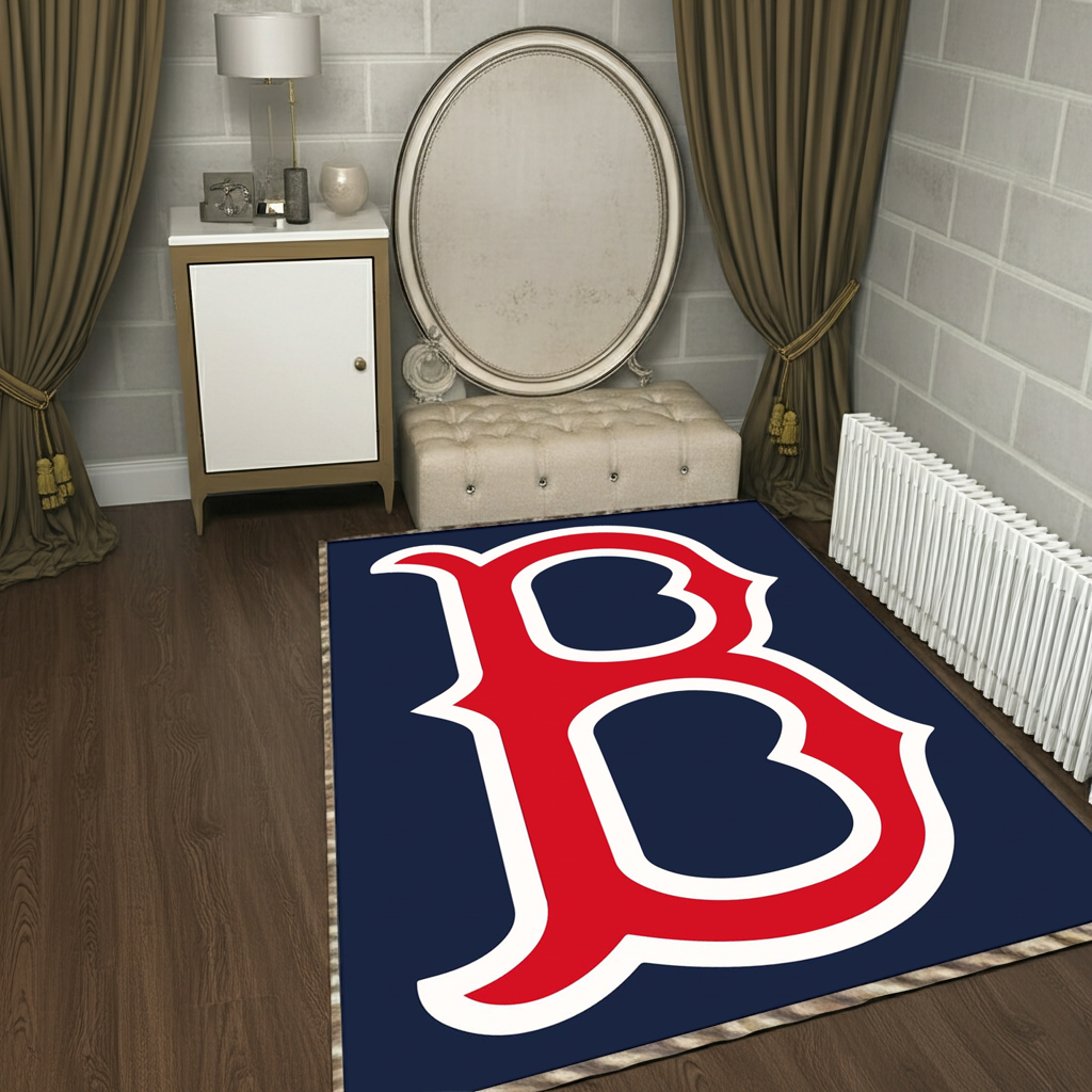 Red Letter B Sports Theme Area Rug | Navy Blue & Red Baseball Fan Decor Mat