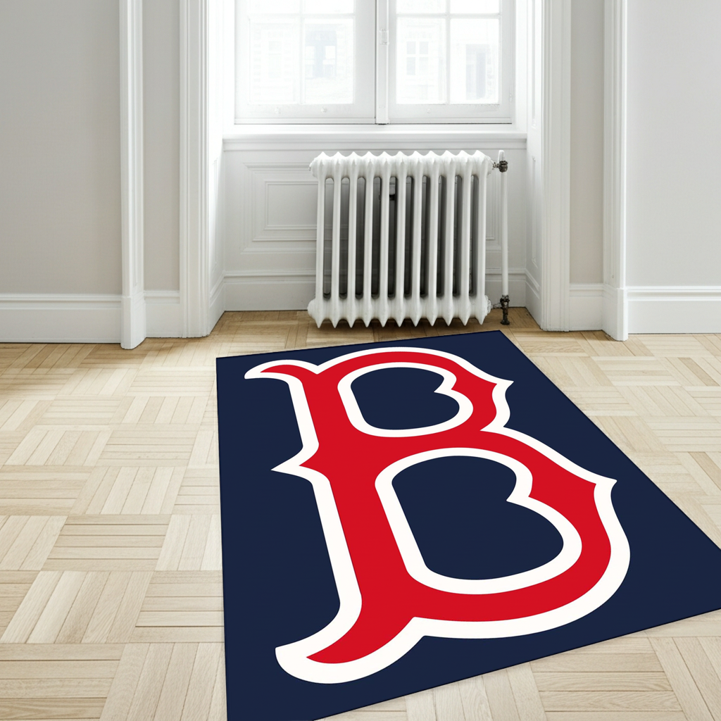Red Letter B Sports Theme Area Rug | Navy Blue & Red Baseball Fan Decor Mat