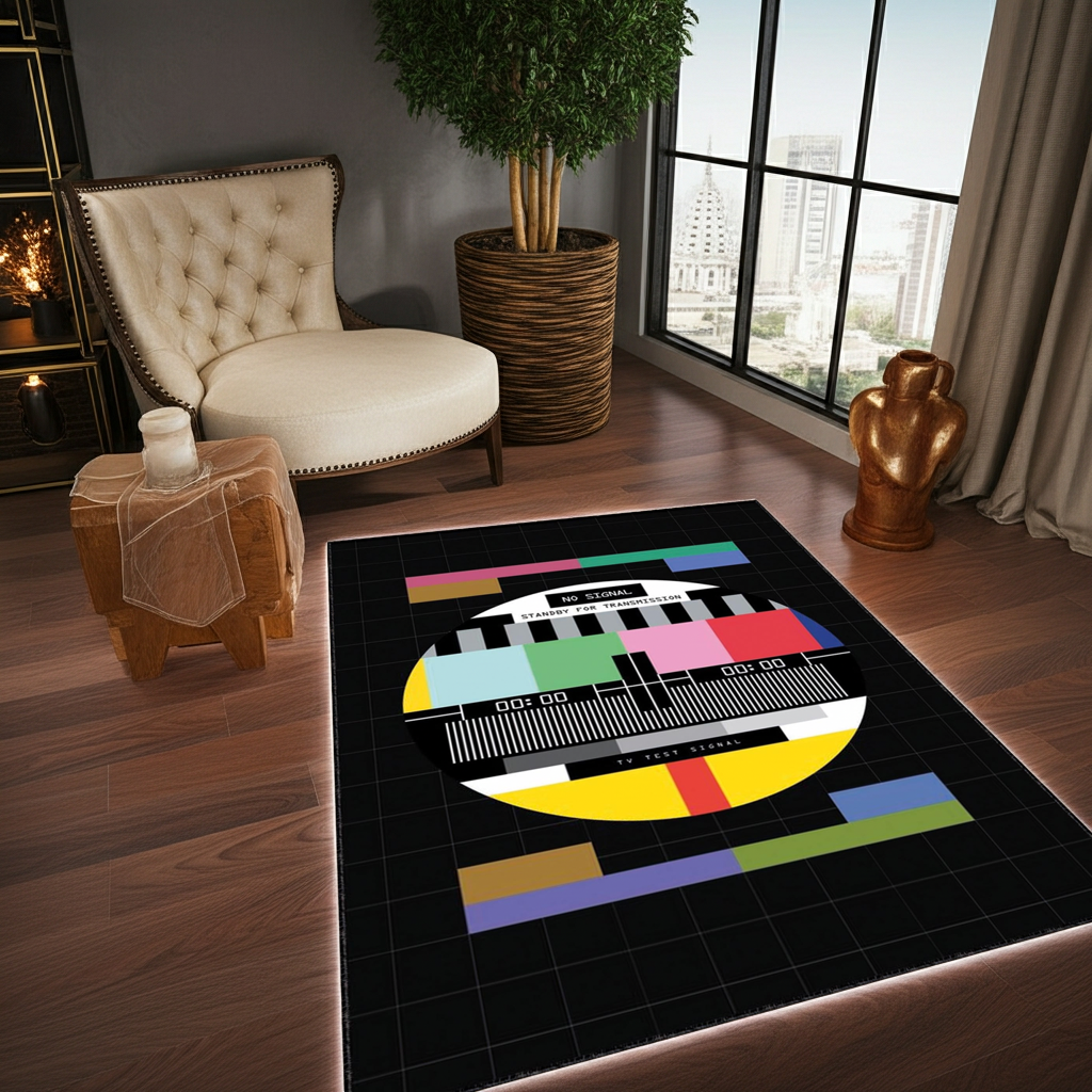 Retro TV Test Pattern Area Rug | Vintage No Signal Broadcast Design Floor Mat
