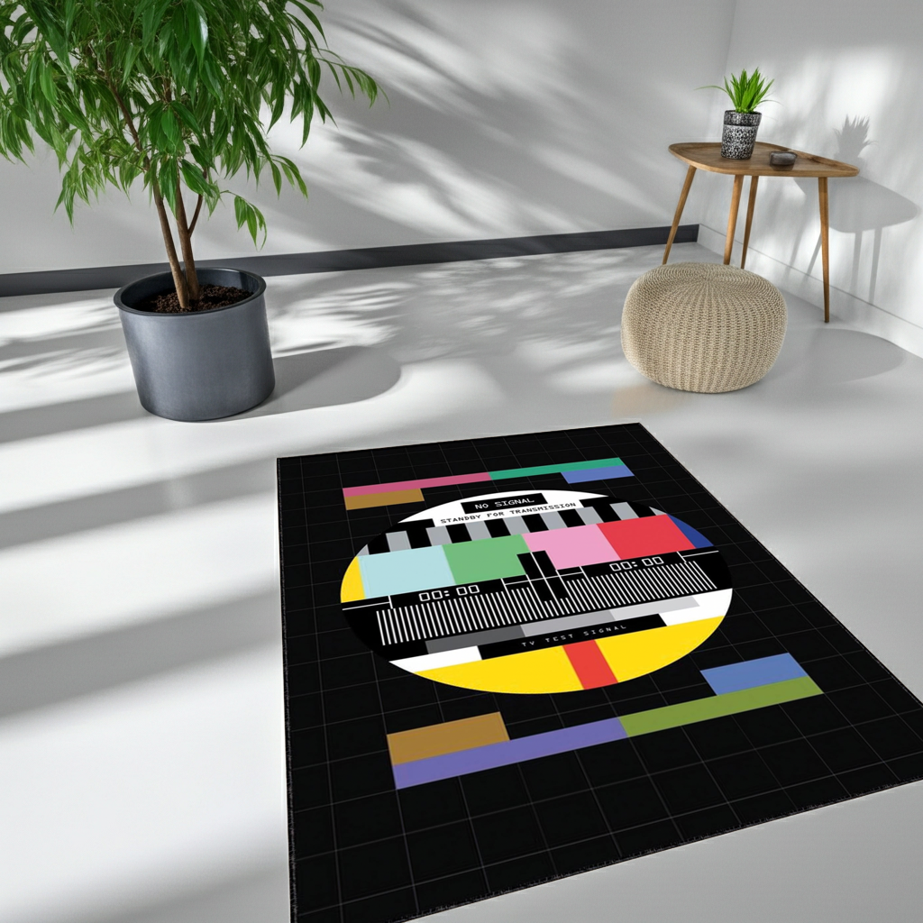 Retro TV Test Pattern Area Rug | Vintage No Signal Broadcast Design Floor Mat
