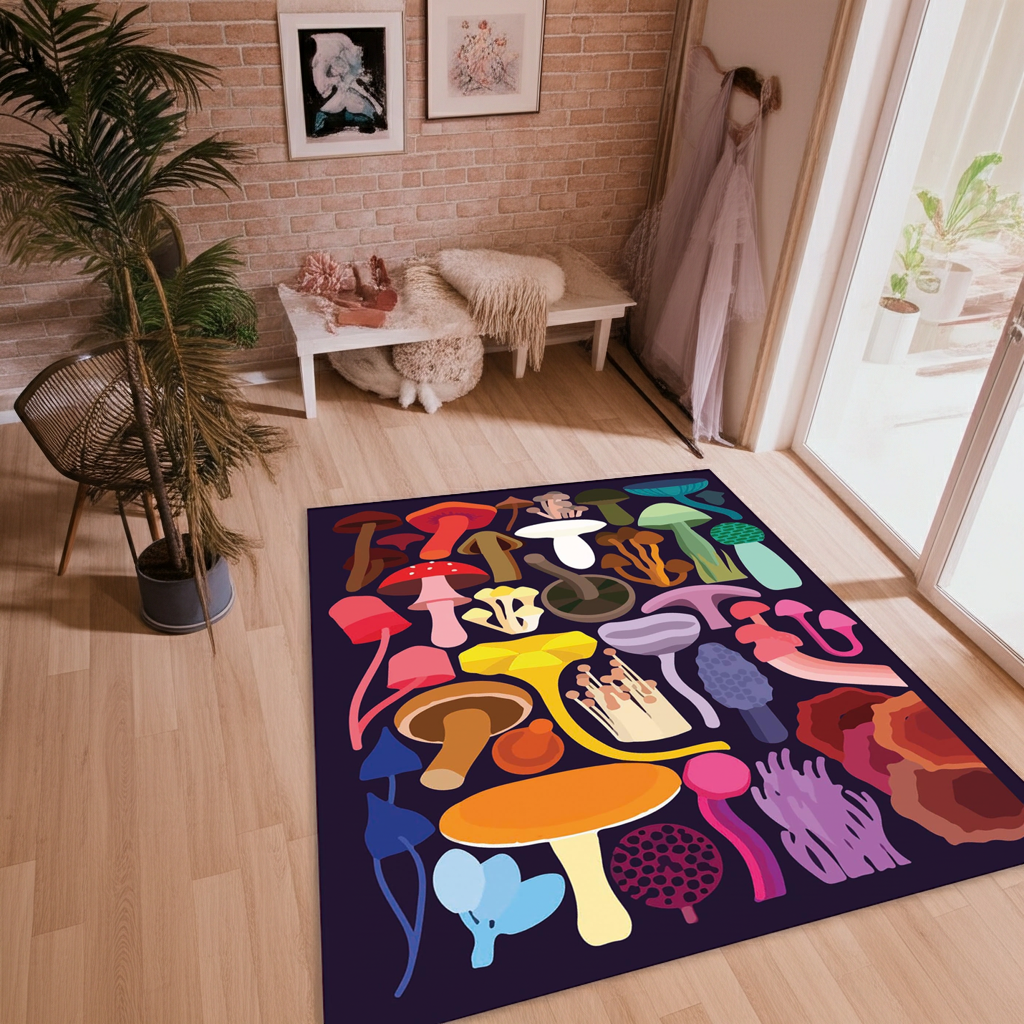 Vibrant & Colorful Mushroom Art Rug | Custom Designed Floor Mat