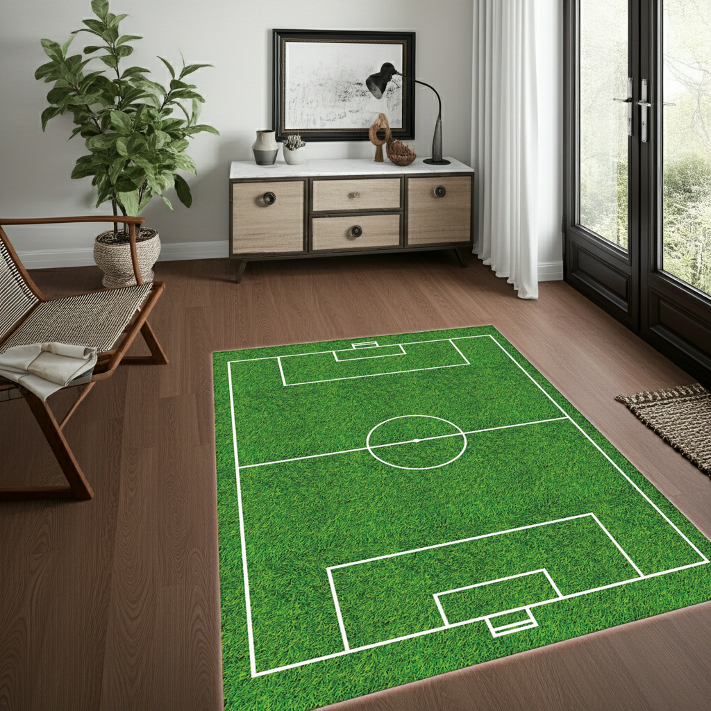 Soccer Field Area Rug | Realistic Green Grass Turf Design Floor Mat