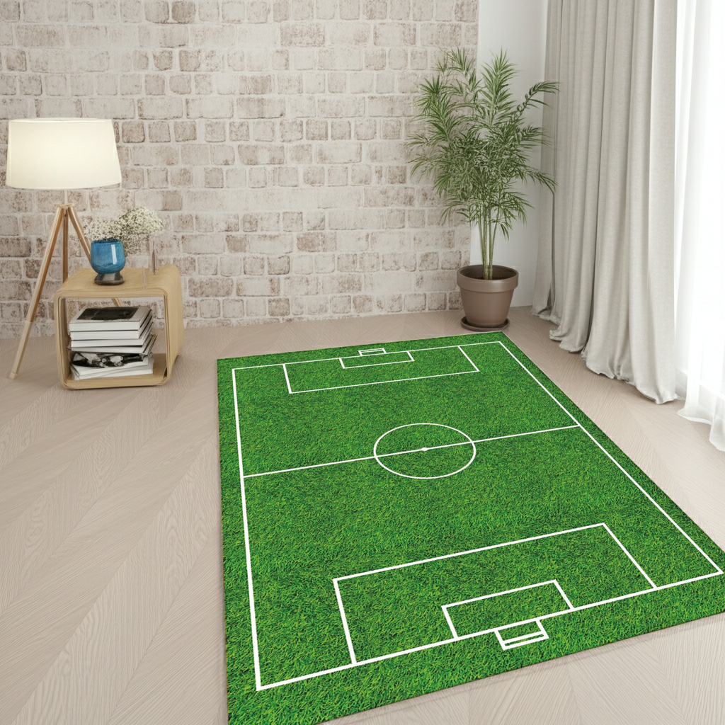 Soccer Field Area Rug | Realistic Green Grass Turf Design Floor Mat