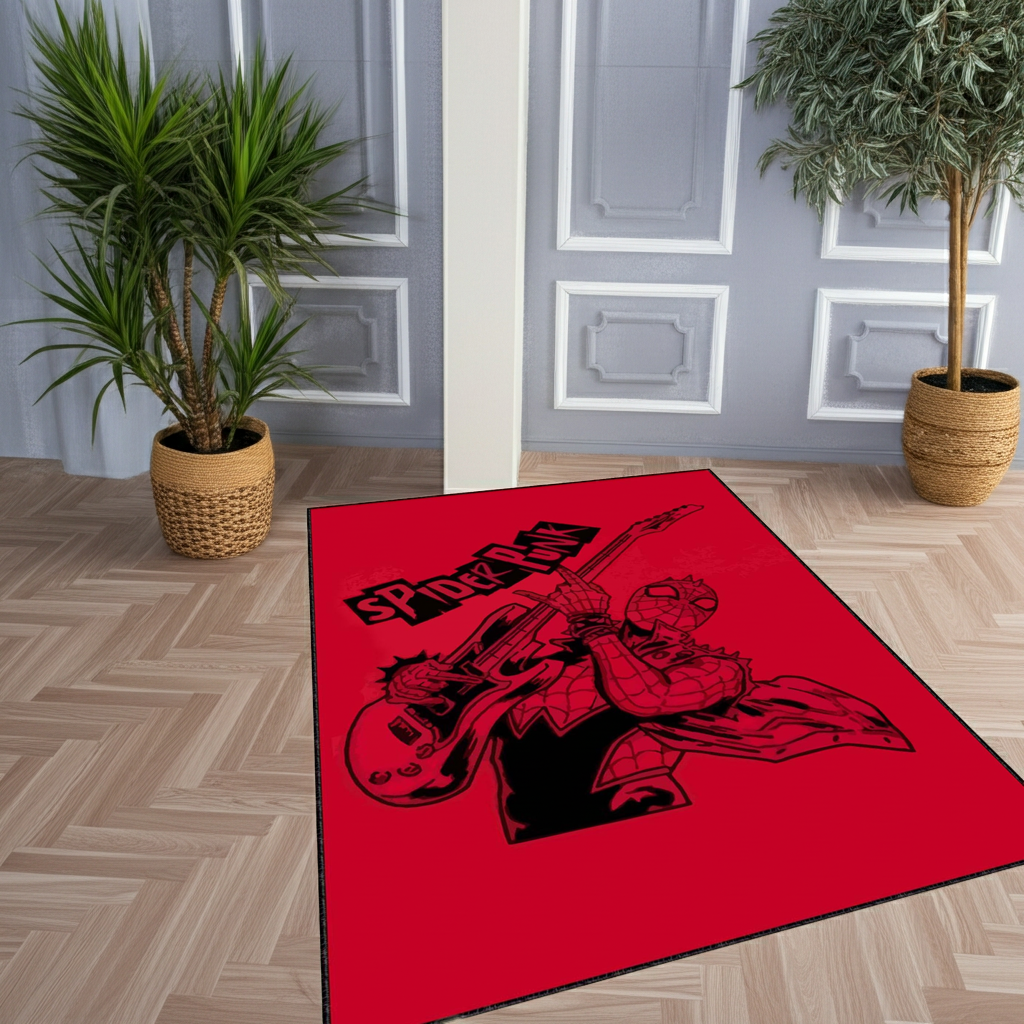 Spider-Punk Guitar Area Rug | Red & Black Comic Book Fan Art Mat