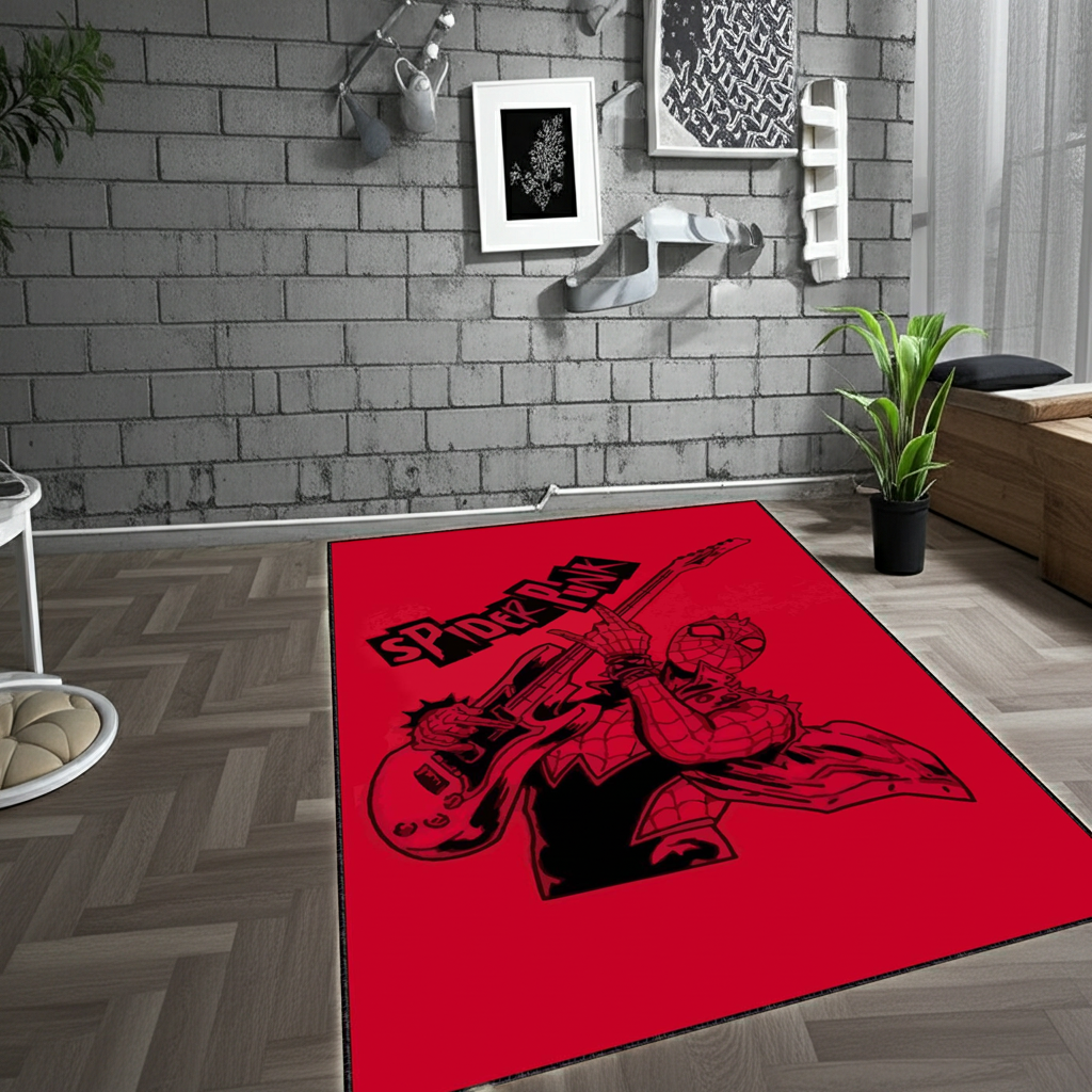 Spider-Punk Guitar Area Rug | Red & Black Comic Book Fan Art Mat
