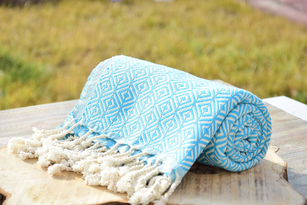 Aqua Blue Diamond Turkish Towel – Soft Cotton Hammam Towel, Lightweight Spa & Bath Towel, Personalized Gift for Her, Bridesmaid or Beach Home Decor
