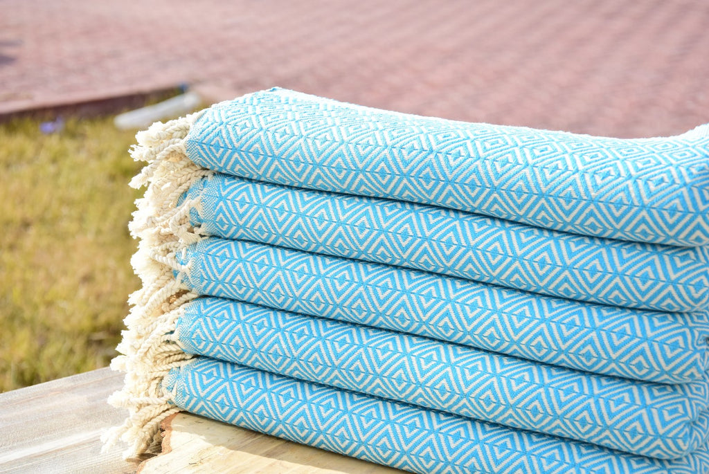 Aqua Blue Diamond Turkish Towel – Soft Cotton Hammam Towel, Lightweight Spa & Bath Towel, Personalized Gift for Her, Bridesmaid or Beach Home Decor