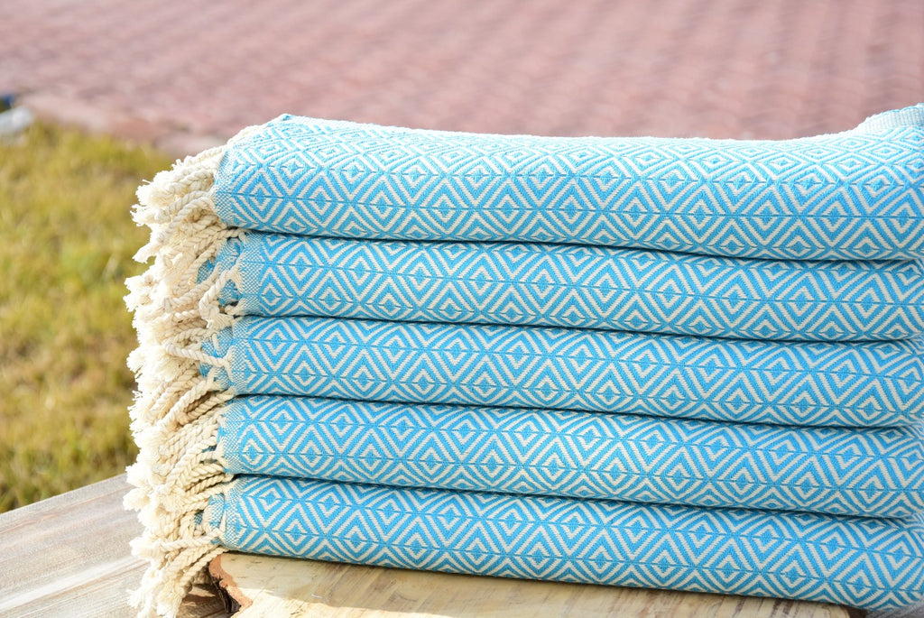Aqua Blue Diamond Turkish Towel – Soft Cotton Hammam Towel, Lightweight Spa & Bath Towel, Personalized Gift for Her, Bridesmaid or Beach Home Decor