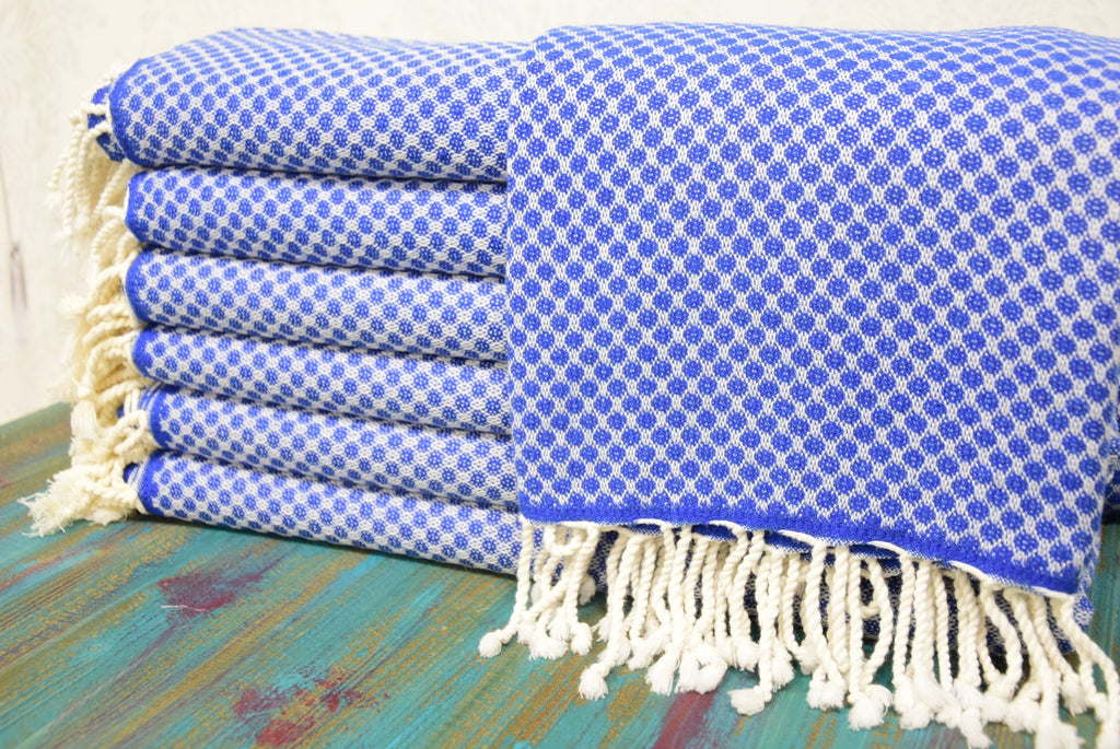 Royal Blue Honeycomb Turkish Towel – Personalized Embroidered Gift, Bridesmaid Spa Favor, Custom Cotton Bath & Beach Towel, Handmade Gift for Her