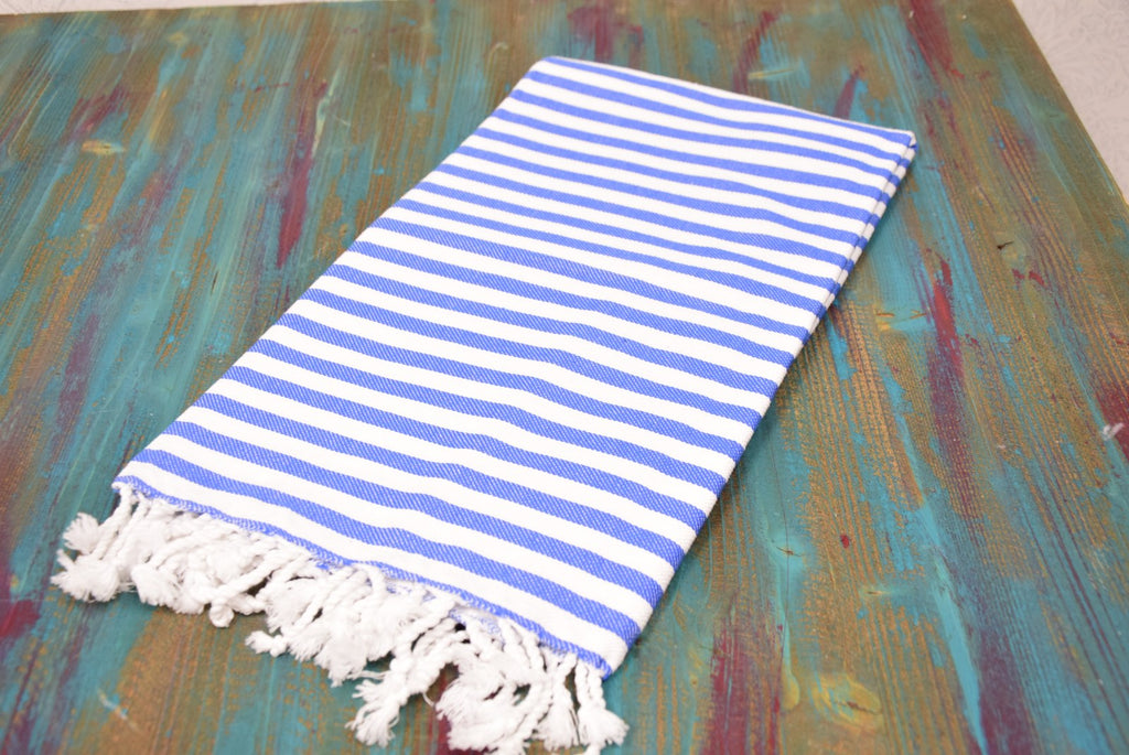 Classic Blue Striped Turkish Towel – Personalized Embroidered Gift for Her, Bridesmaid or Bachelorette Party Favor, Handmade Cotton Bath & Spa Towel