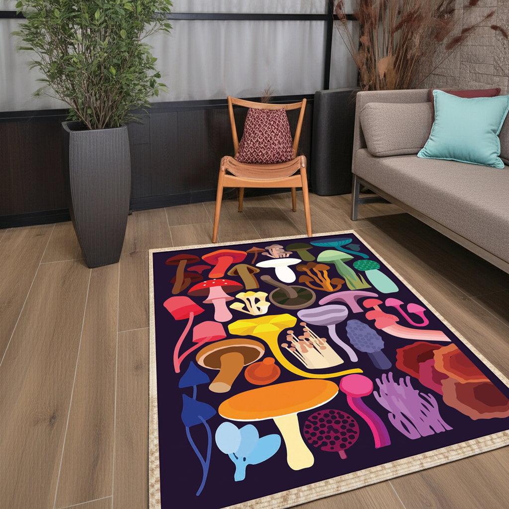 Vibrant & Colorful Mushroom Art Rug | Custom Designed Floor Mat