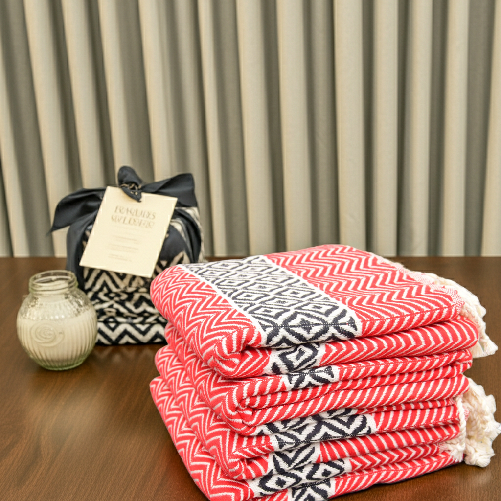 Red Boho Turkish Towel – Handmade Cotton Bath & Beach Towel, Black Diamond Pattern, Personalized Gift for Her, Bridesmaid & Home Decor Towel