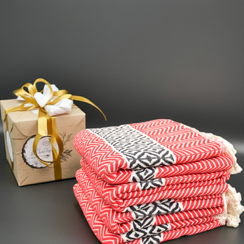 Red Boho Turkish Towel – Handmade Cotton Bath & Beach Towel, Black Diamond Pattern, Personalized Gift for Her, Bridesmaid & Home Decor Towel