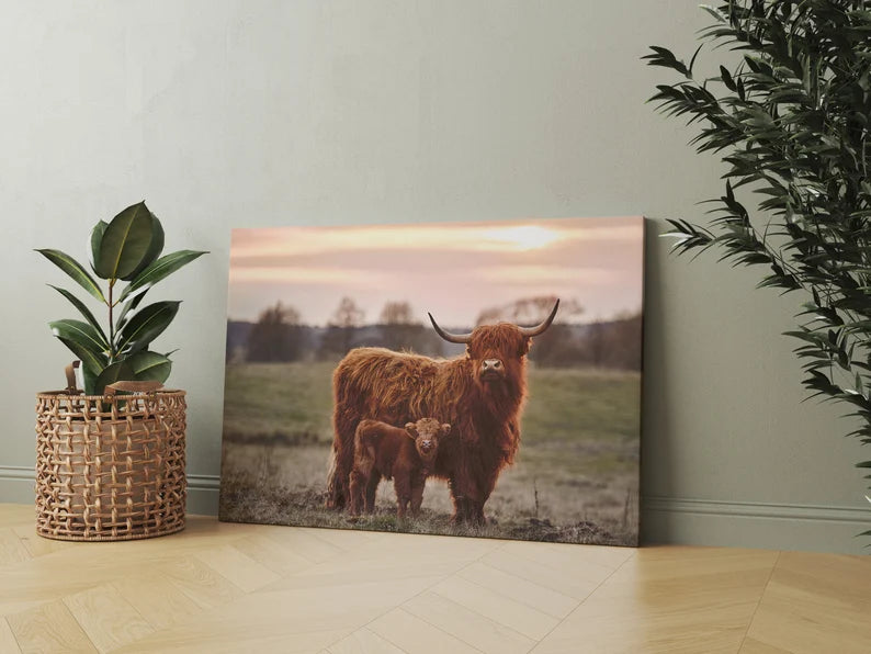 Highland Cow and Calf Canvas Wall Art | Rustic Farmhouse Animal Print | Large Framed Decor