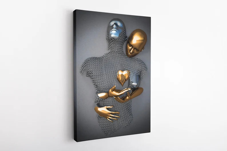 Abstract Metallic Couple Canvas Wall Art – Modern Love Sculpture Print for Contemporary Home Decor