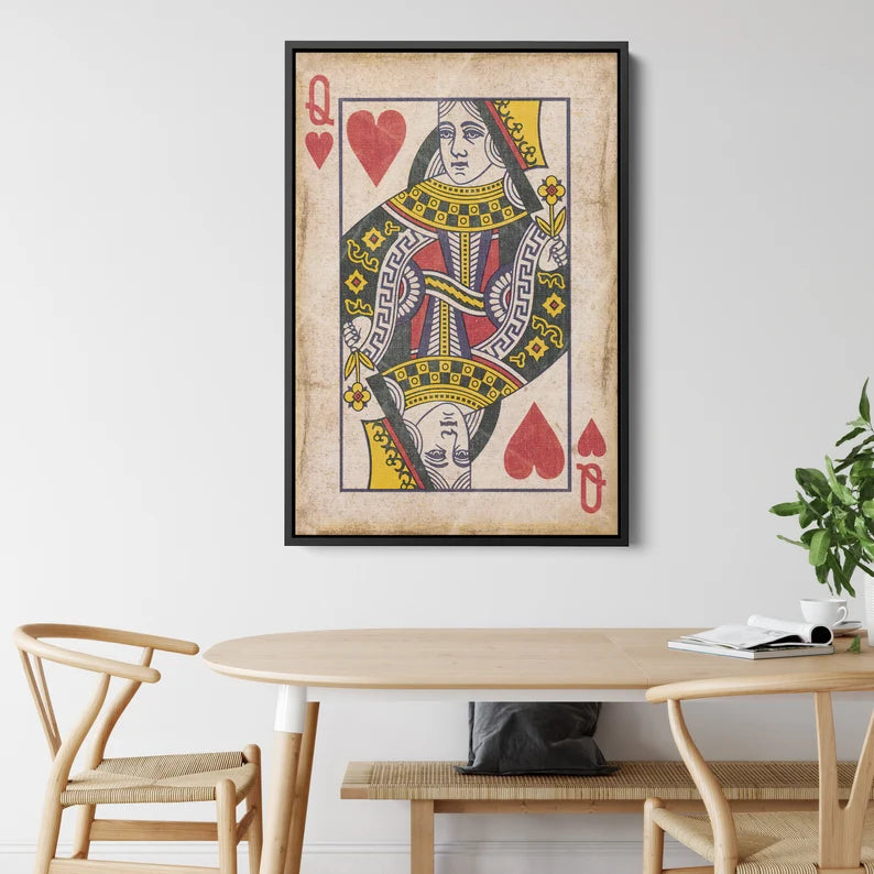Queen of Hearts Vintage Playing Card Canvas Wall Art – Retro Poker Print for Game Room and Bar Decor