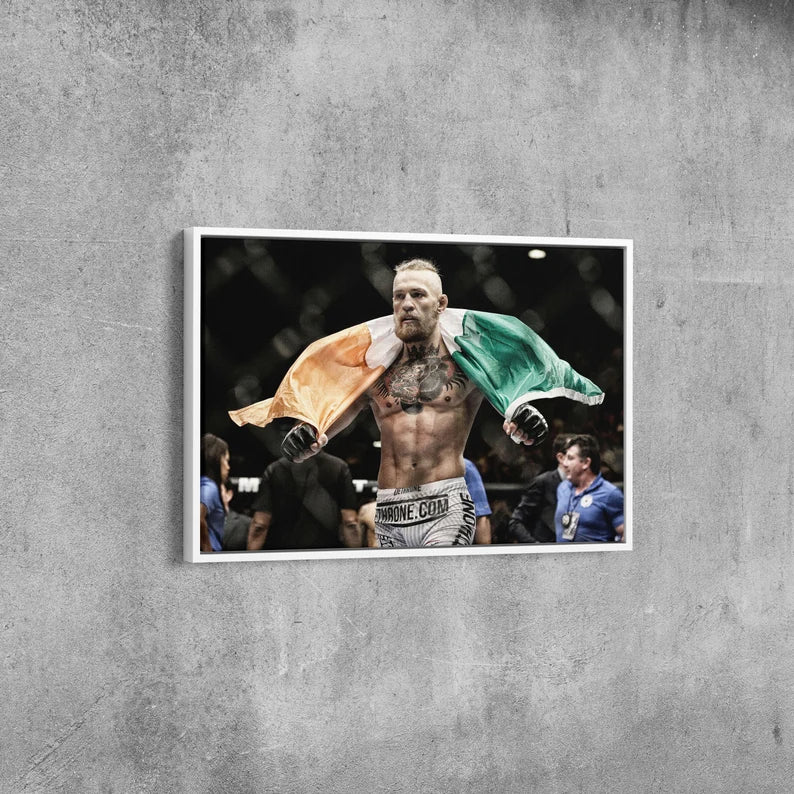 Boxing Champion Canvas Wall Art – Fighter with Irish Flag Sports Poster Print for Gym and Man Cave Decor