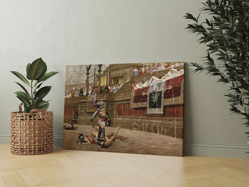 Roman Gladiator Arena Canvas Wall Art – Historical Battle Painting Print for Classic Home Decor