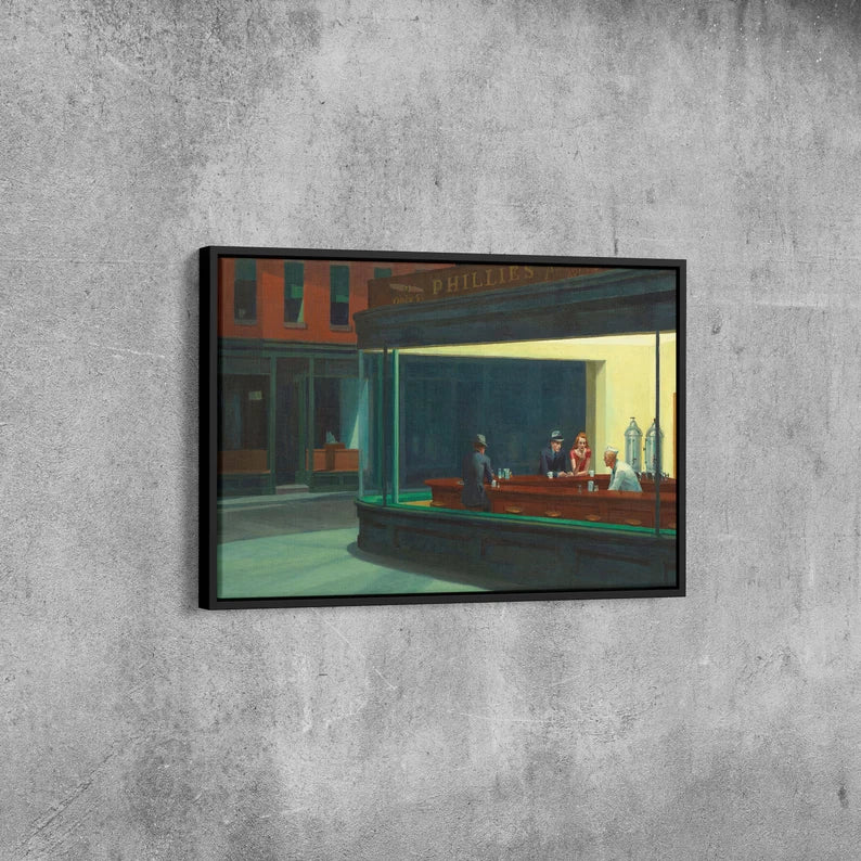 Modern Classic Art Nighthawks Canvas | Museum Quality Framed Print for Living Room