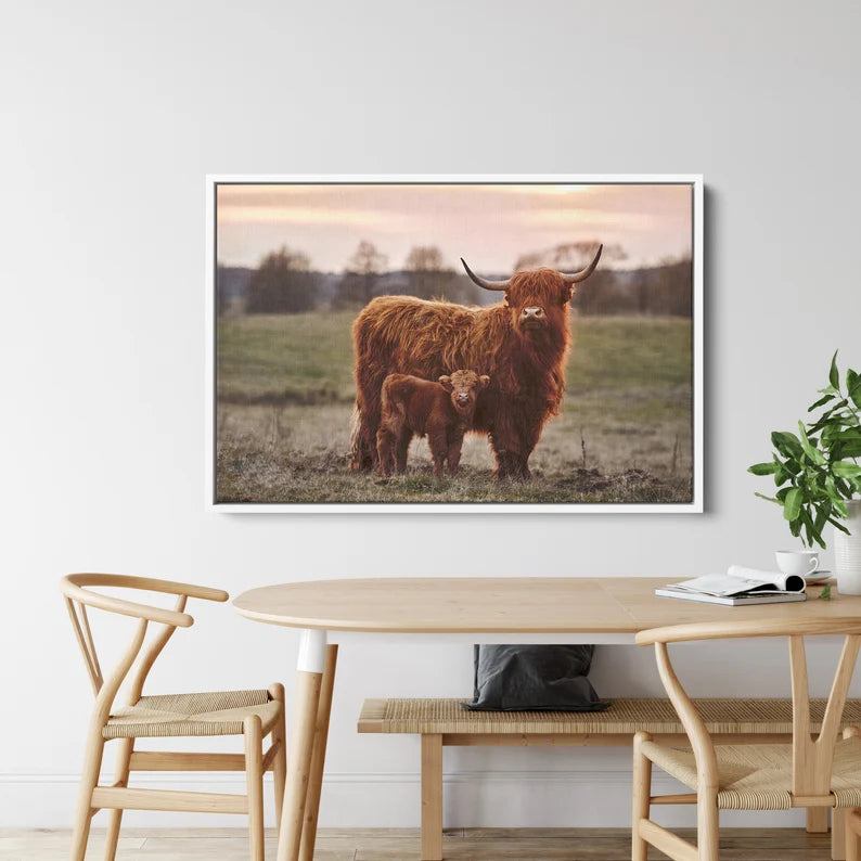 Highland Cow and Calf Canvas Wall Art | Rustic Farmhouse Animal Print | Large Framed Decor