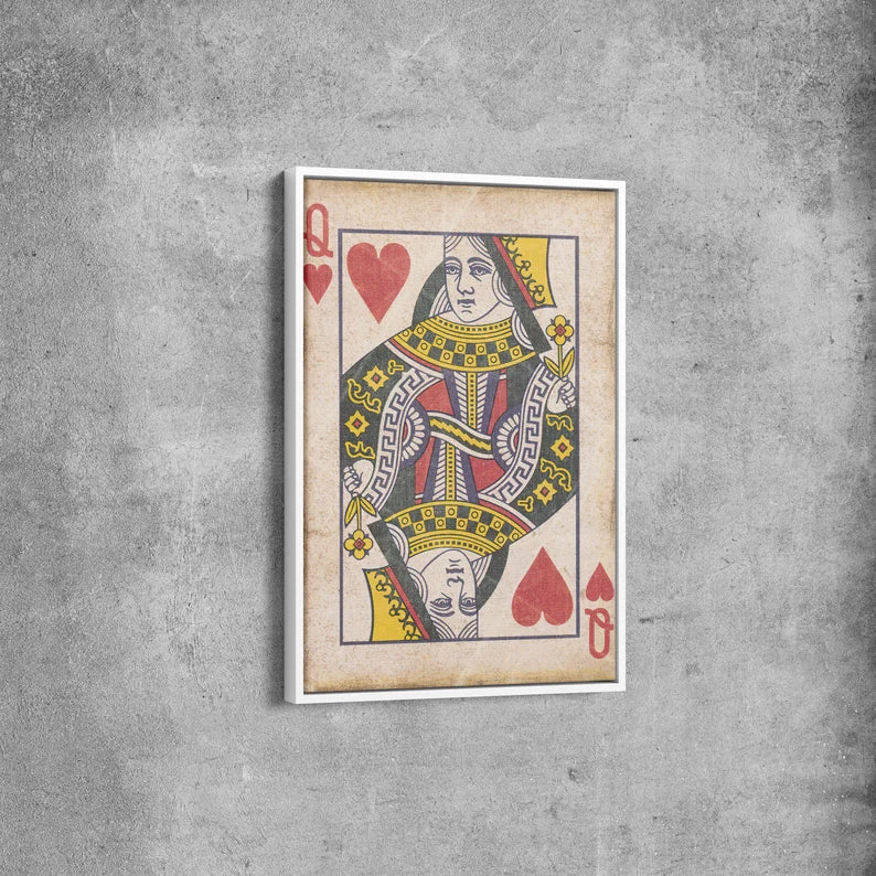 Queen of Hearts Vintage Playing Card Canvas Wall Art – Retro Poker Print for Game Room and Bar Decor
