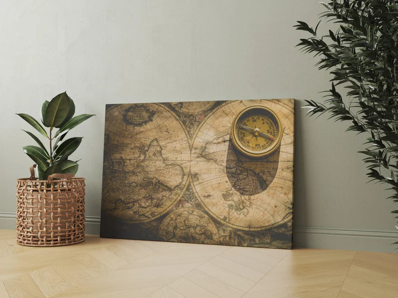 Vintage World Map Canvas Wall Art | Antique Compass & Explorer Theme Print
