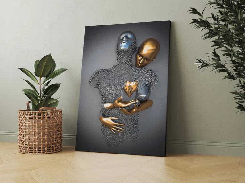 Abstract Metallic Couple Canvas Wall Art – Modern Love Sculpture Print for Contemporary Home Decor