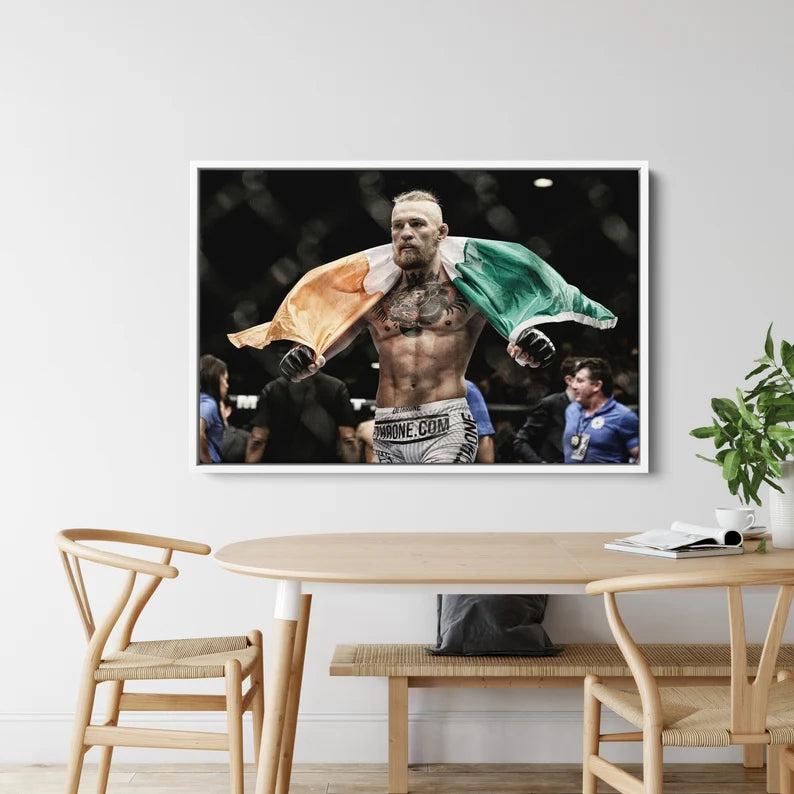 Boxing Champion Canvas Wall Art – Fighter with Irish Flag Sports Poster Print for Gym and Man Cave Decor